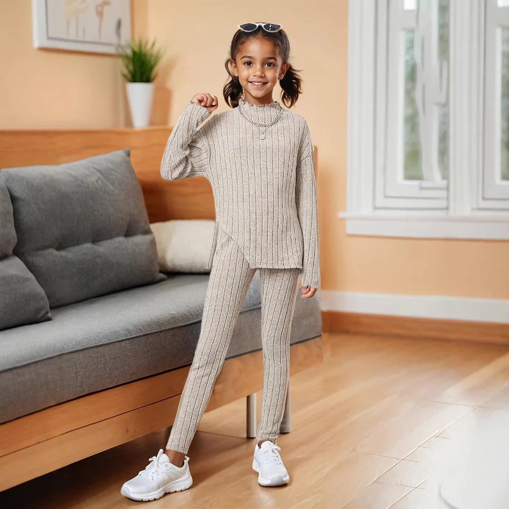 Children's Clothing Ins Girls Autumn Outfit Set Girls Long Sleeve Split Knit Top Skinny Pants Two-Piece Kids Fall Winter Solid Clothes