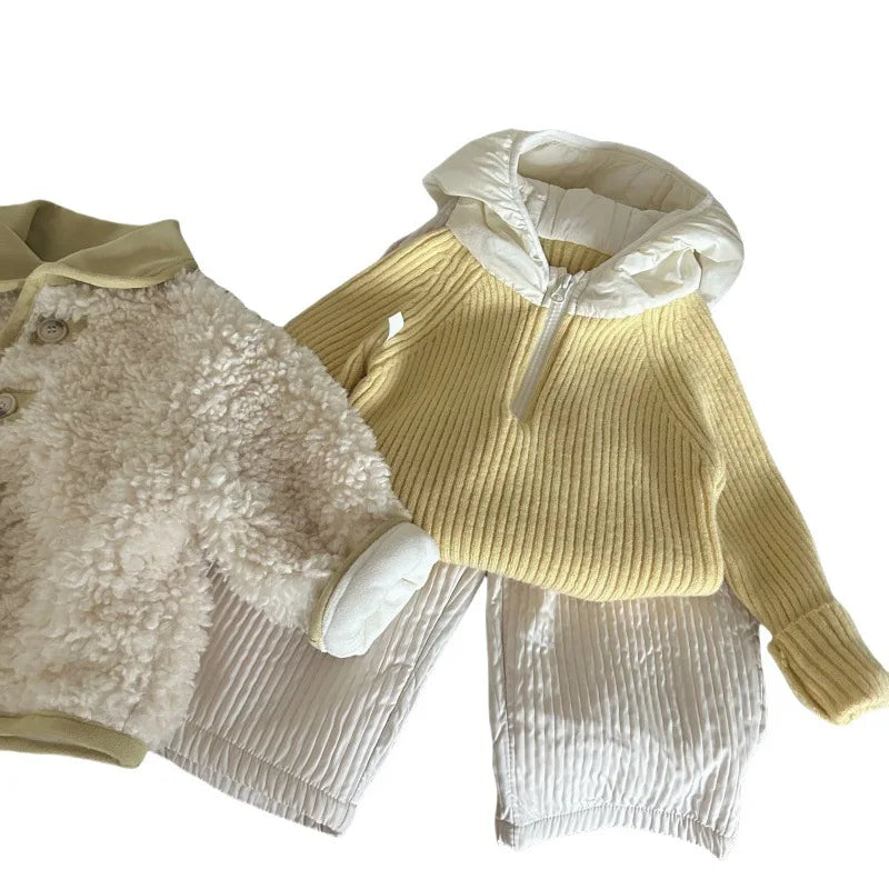 Korean Children's Clothing 2025 New Winter Girls' Knitted Hooded Sweater, Children's Plush Warm Pants Kids Suits