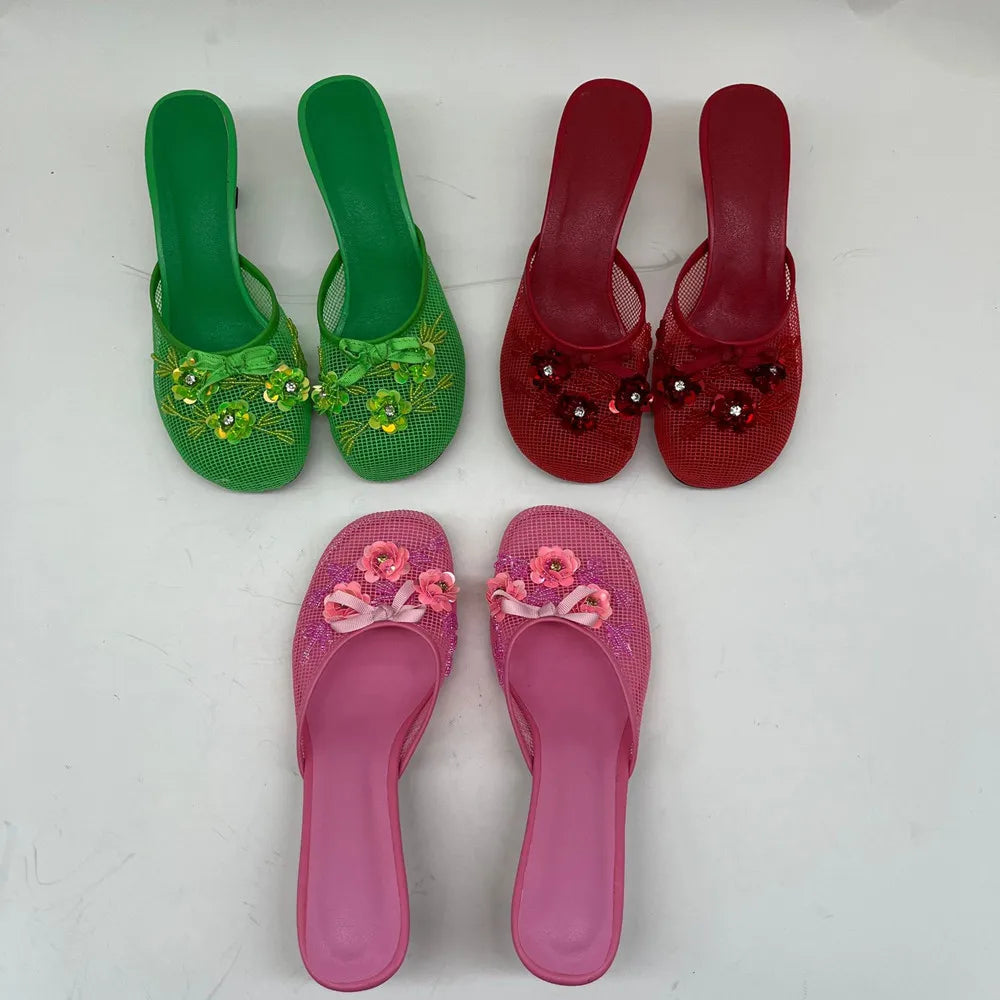 2026 Summer Spring Women Slippers for Woman Mesh Flower High Heeled Shoes Sexy Ladies Slip-On Non-Slip Round Toe Wedding Sandals