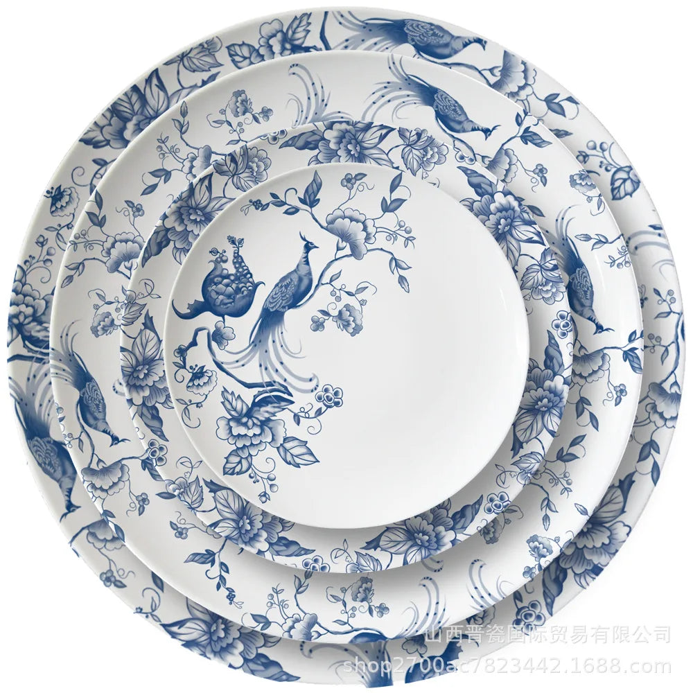 Bone China Dinning Plates Set Chinse style Flower Bird Peacock Porcelain Plate for Dessert Steak Bread Cake Dish Tray Coffee Cup