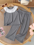 Kids Clothing Sets New  Summer Girls Casual Lace Doll Neck Sleeveless Vest + Flare Pants Girl Clothing Suits
