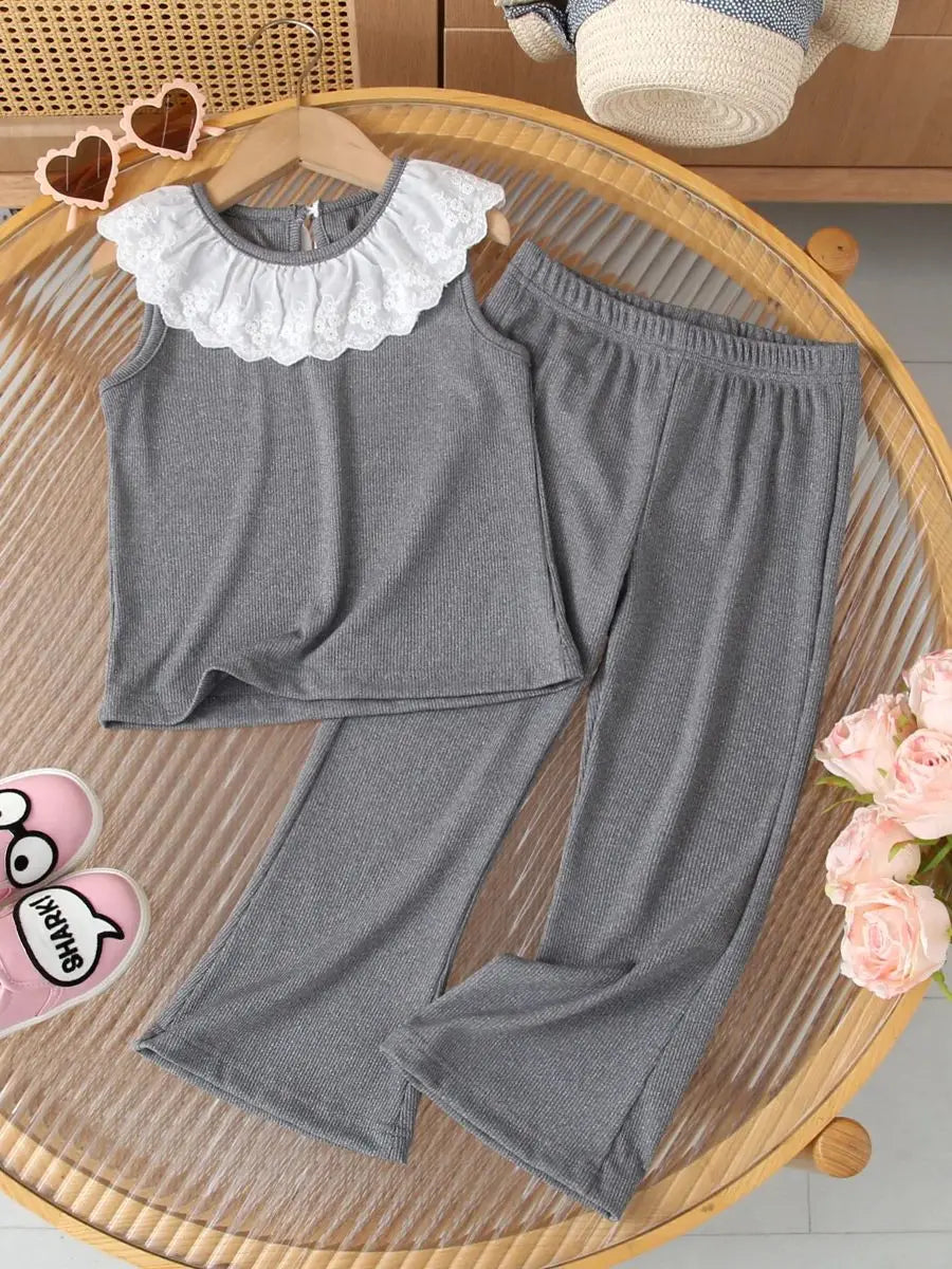 Kids Clothing Sets New  Summer Girls Casual Lace Doll Neck Sleeveless Vest + Flare Pants Girl Clothing Suits