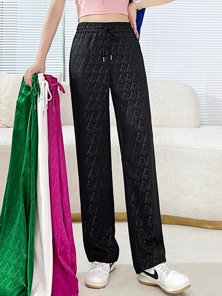 Summer Satin Letters Print Pants Women Casual Streetwear Loose Hight Waist Fashion Straight Trousers Pantalon Pour Femme New 4XL