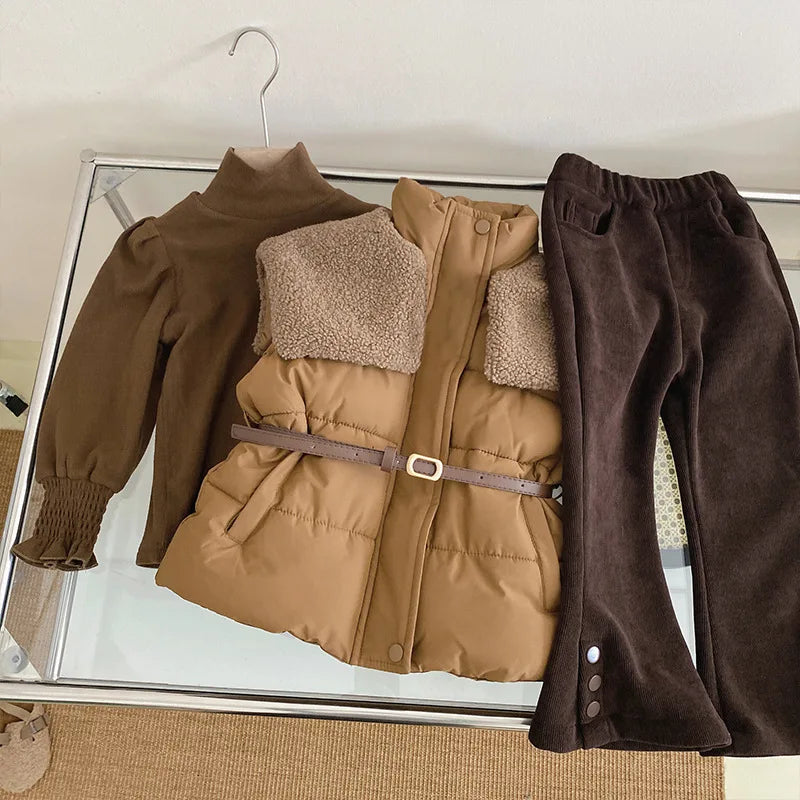 Kids Clothes for Girls Casual 2023 Autumn Winter Thick Warm Large Turn-down Collar Vest Fashion All-match Blouse Solid Pants
