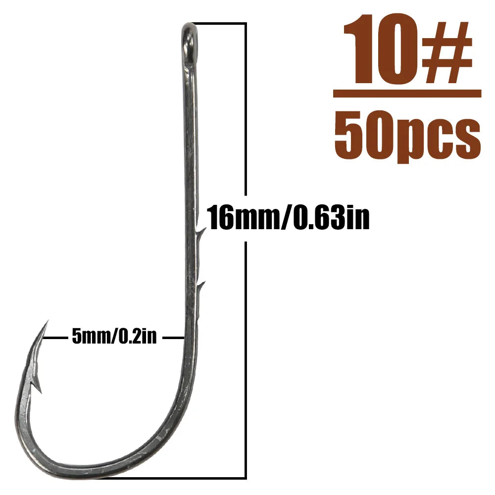 B&U 50pcs/lot Fishhooks High Carbon Steel Long And Straight Shank Barbed Fishing Hooks For Fresh And Saltwater Fishing