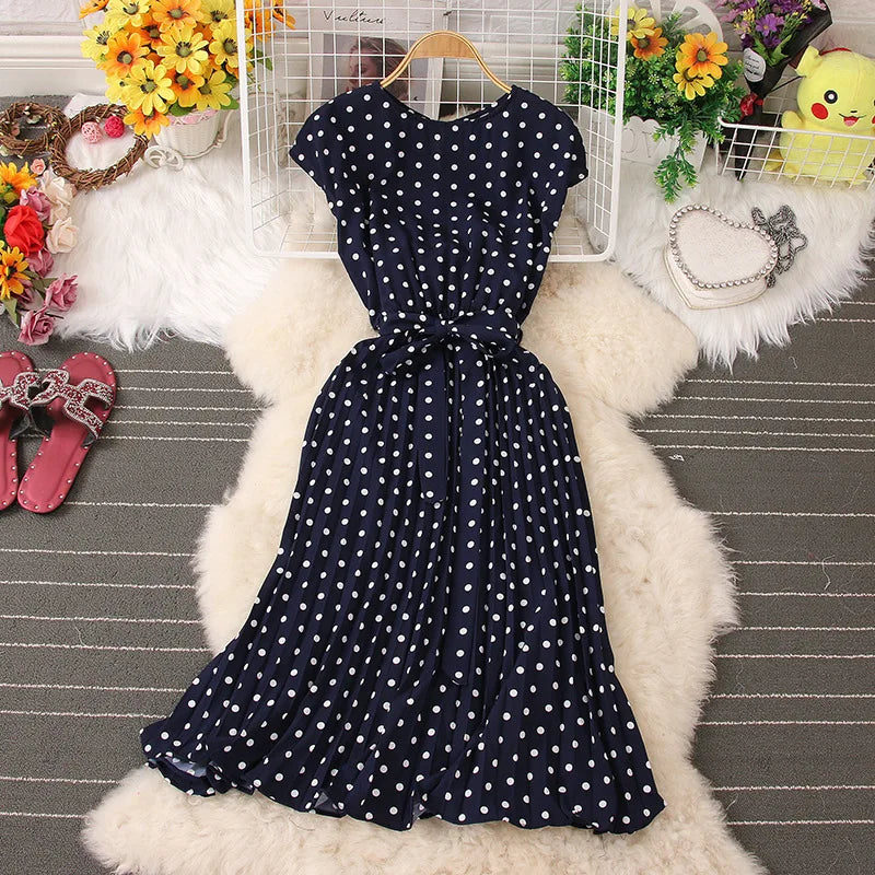 Ficusrong Dot Print Chic Summer Women Dress High Waist Knee Length Bandage Ladies Medium Long Dresses