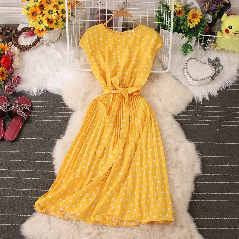 Ficusrong Dot Print Chic Summer Women Dress High Waist Knee Length Bandage Ladies Medium Long Dresses