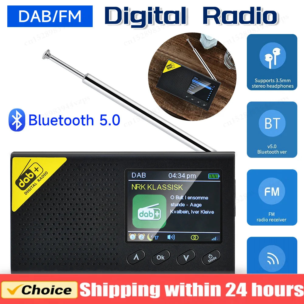 2.4 inch Digital Radio Bluetooth 5.0 Portable Stereo Receiver DAB FM Broadcast Player Wireless Audio Device for Home and Office