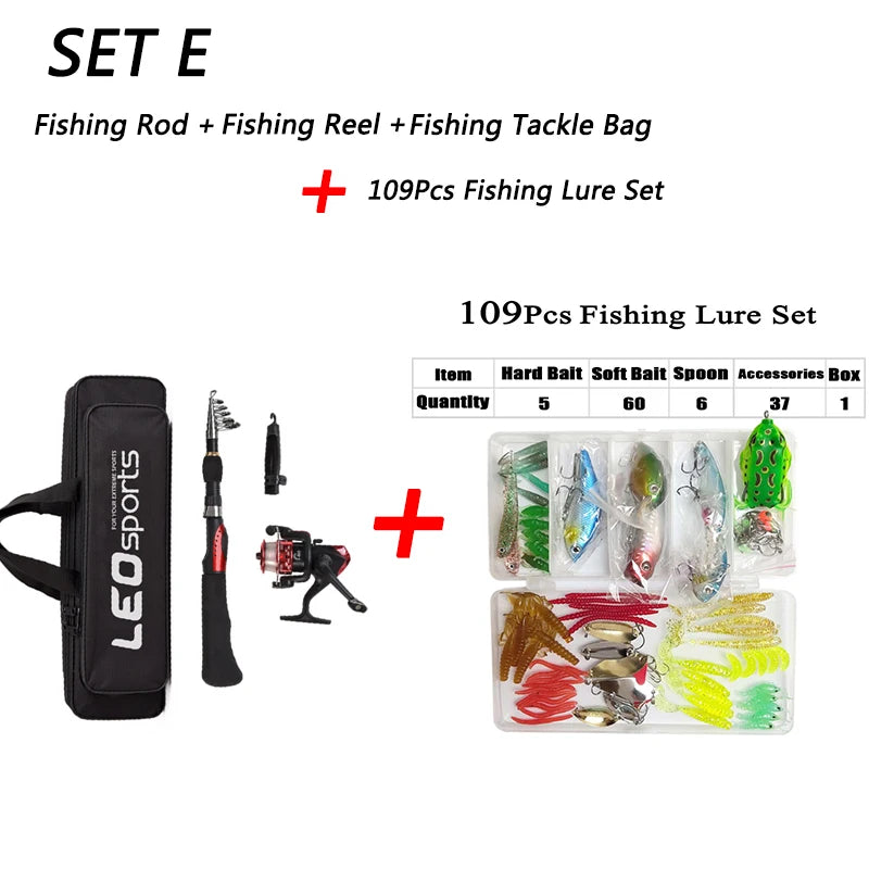 Fishing Rod Full Kits 1.6M Telescopic Sea and Spinning Reel Baits Lure Tackle Travel Fishing Gear Accessories Bag 6 Optional Set