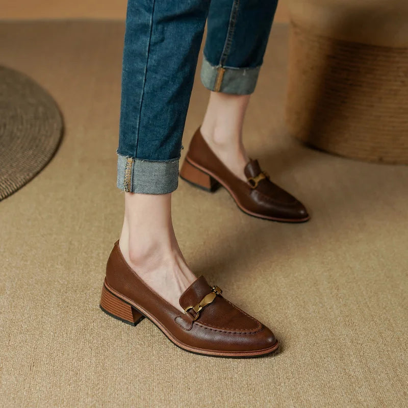Basic Women Pumps Spring Summer High Heel Round Toe Buckle Genuine Leather Office Lady Working Loafers Shoes Woman 2025 New