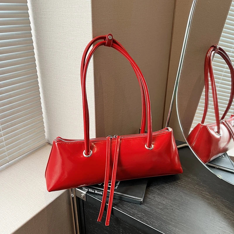 New Women Red Shoulder Bag Korean Version Simple Solid PU Leather Underarm Bags 2025 Elegant Female Dating Handbags
