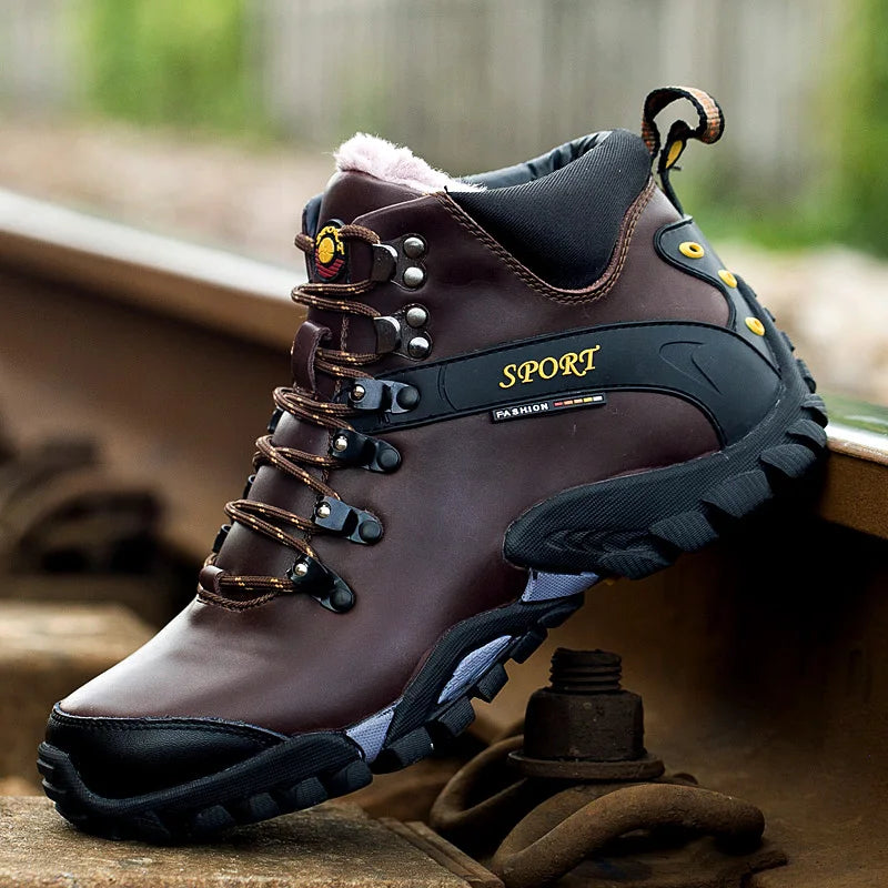 Mens Hiking Boots Leather Comfort Outdoor Anti Slip Trekking Shoes Super Warm Winter High Top Lace Up Casual Snow Boots for Men