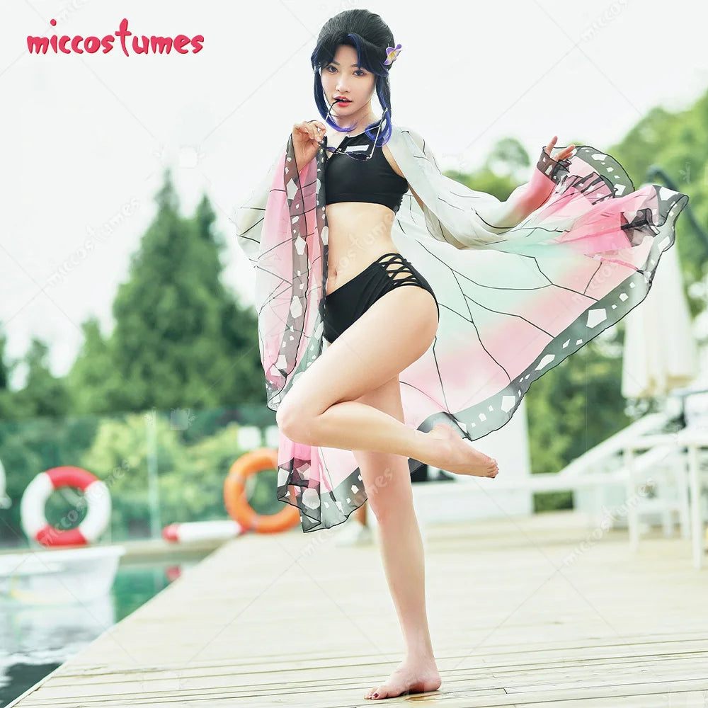 Women Bathing Suit  Two Piece Bathing Suit Swimwear with Strapped Butterfly-Printed Kimono Haori Cover Up