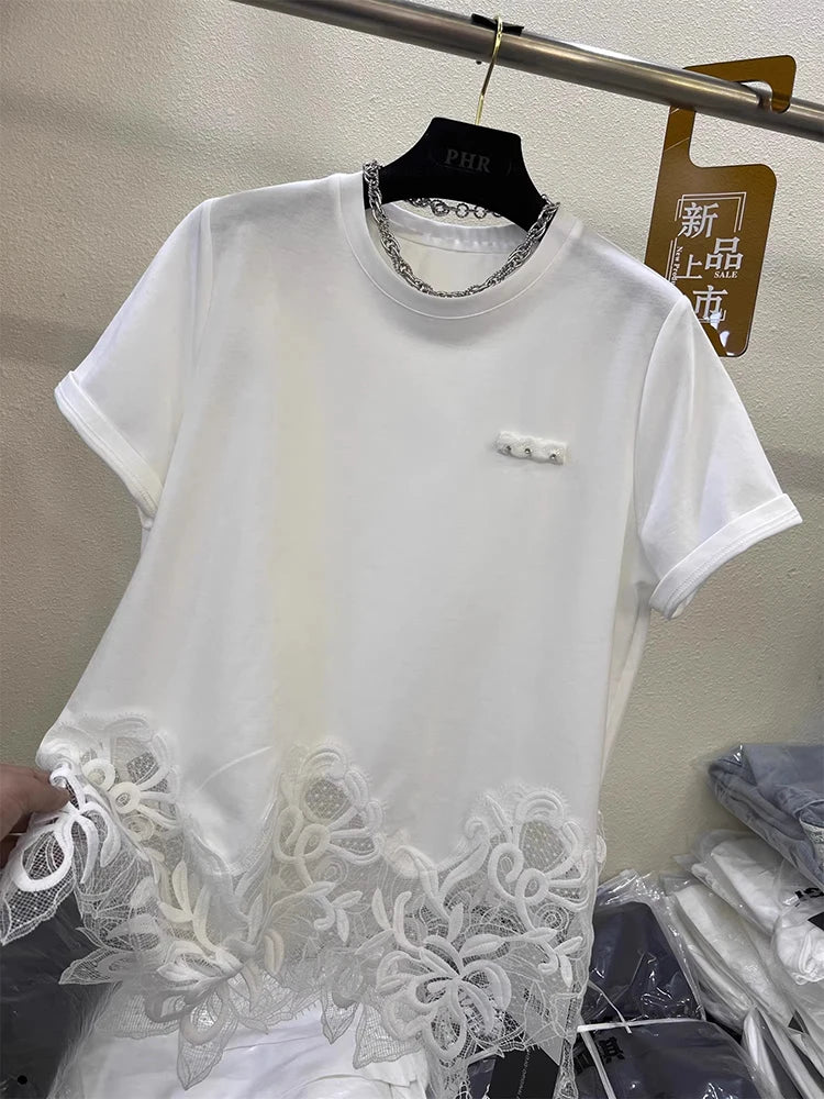 Elegant Lace Hem Short Sleeve Pure Cotton T-Shirt Women's Fashionable Summer New Style European Goods Irregular Top