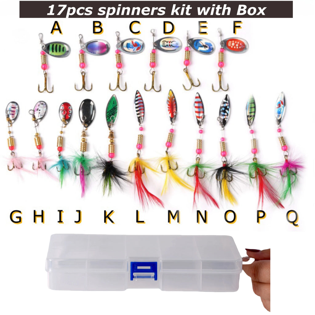 wondersee 17PCS Spinner Kit Fishin Lures with Feather Treble Hook Spoon for Bass Trout Perch Pike Rotating Long Casting Wobblers