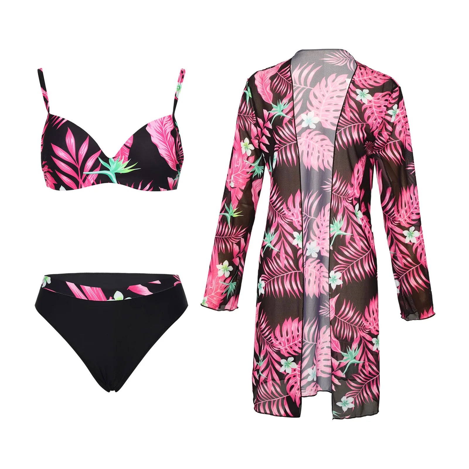 Womens Swim Sets Swimsuit Outfits Underwired Padded Bikini Set with Chiffon Cover-up Tropical Print Swimwear Beach Bathing Suit