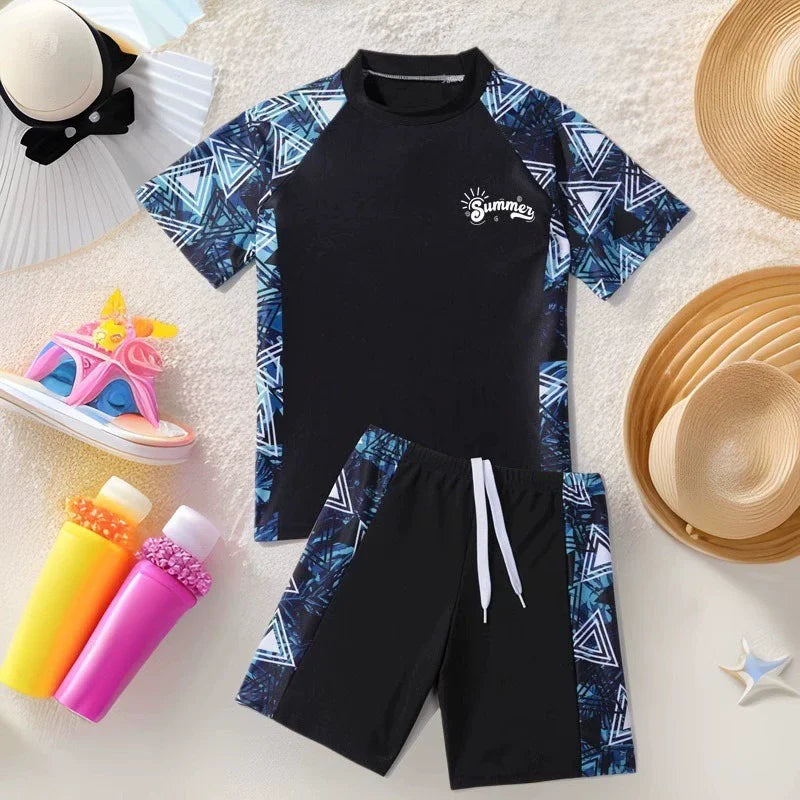 Boys Girls Swimsuit Sets Kids Short Sleeve T-Shirt Shorts Swimwear 2Pcs Children's Split Surfing Quick Drying Swimming Clothes