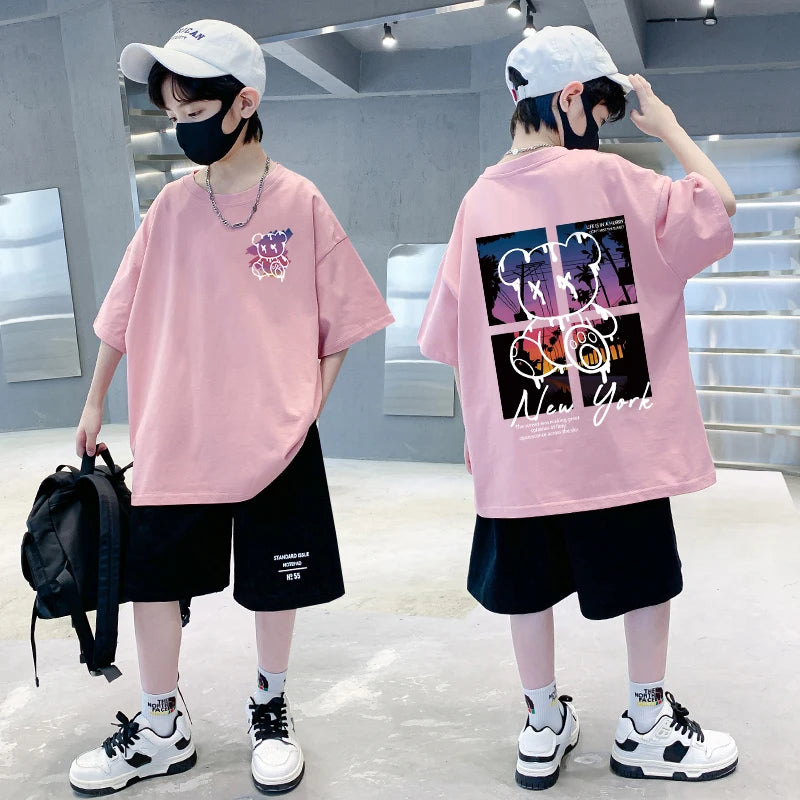 Korean Children's Clothes 2025 Summer Tops Art New York City Graphic T Shirts Cotton Baby Boys Short Sleeves Shirt Kids Clothes