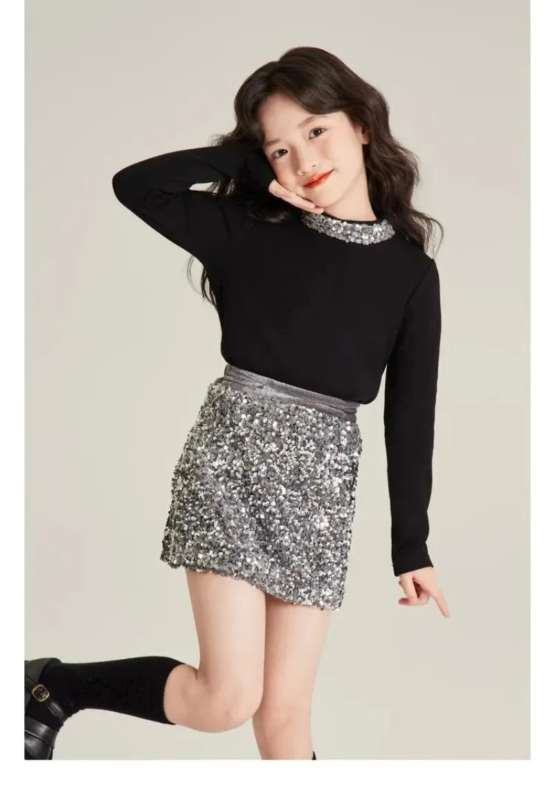Kids Girls Clothes Girls Fall Boutique Sets Top  Sequined  Elementary Student Clothes Skirts Princess 2025  Elegant Suits 3-8 T