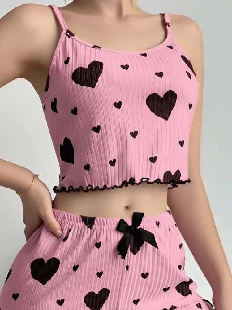 Women's Summer Pajama Set 2PC - Cute Heart Print Sleeveless Tank Top & Bow Shorts Lightweight Polyester Sleepwear Loungewear