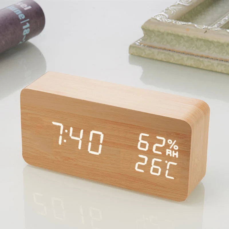 Alarm Clock LED Wooden Watch Table Voice Control Digital Wood Despertador USB/AAA Powered Electronic Desktop Clocks