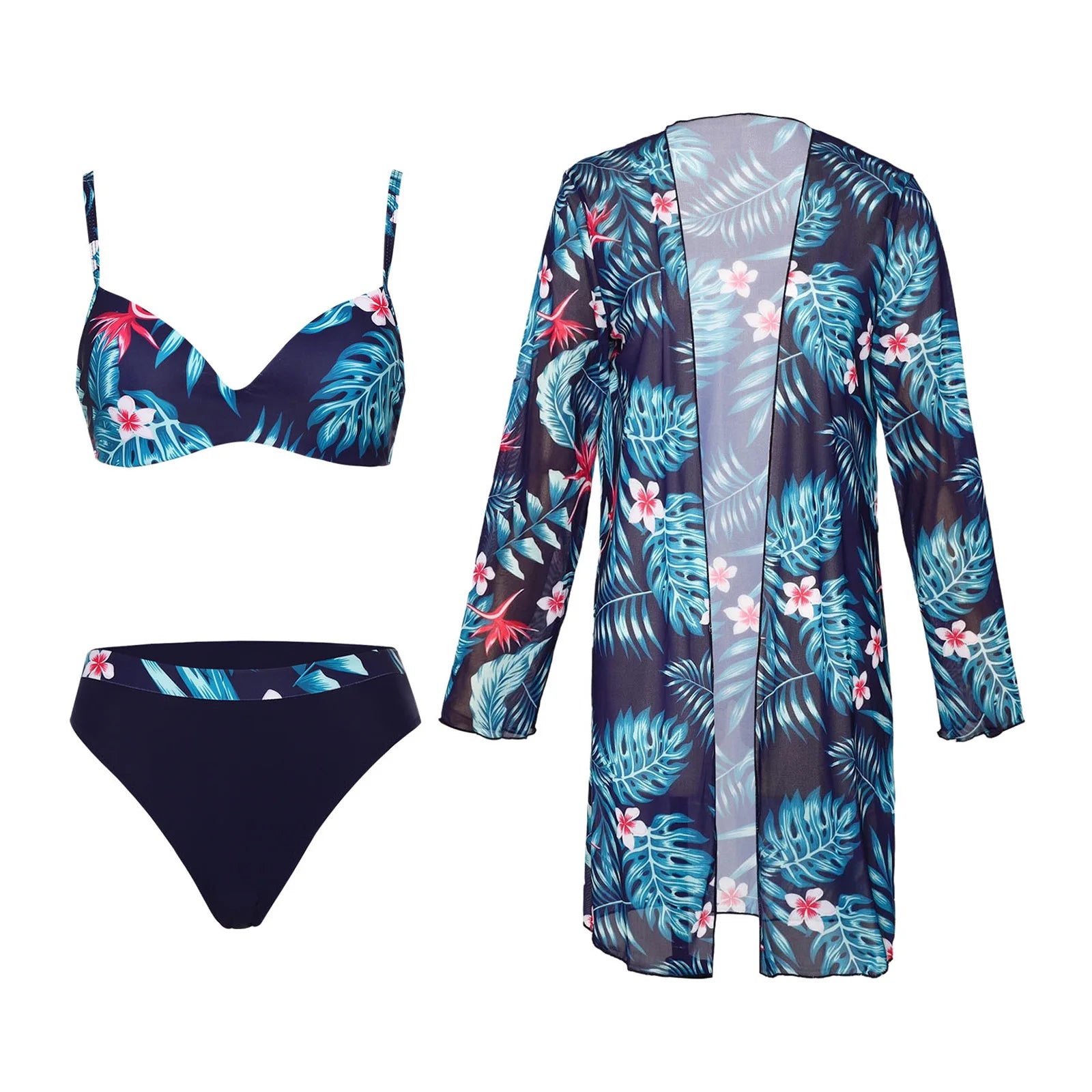 Womens Swim Sets Swimsuit Outfits Underwired Padded Bikini Set with Chiffon Cover-up Tropical Print Swimwear Beach Bathing Suit