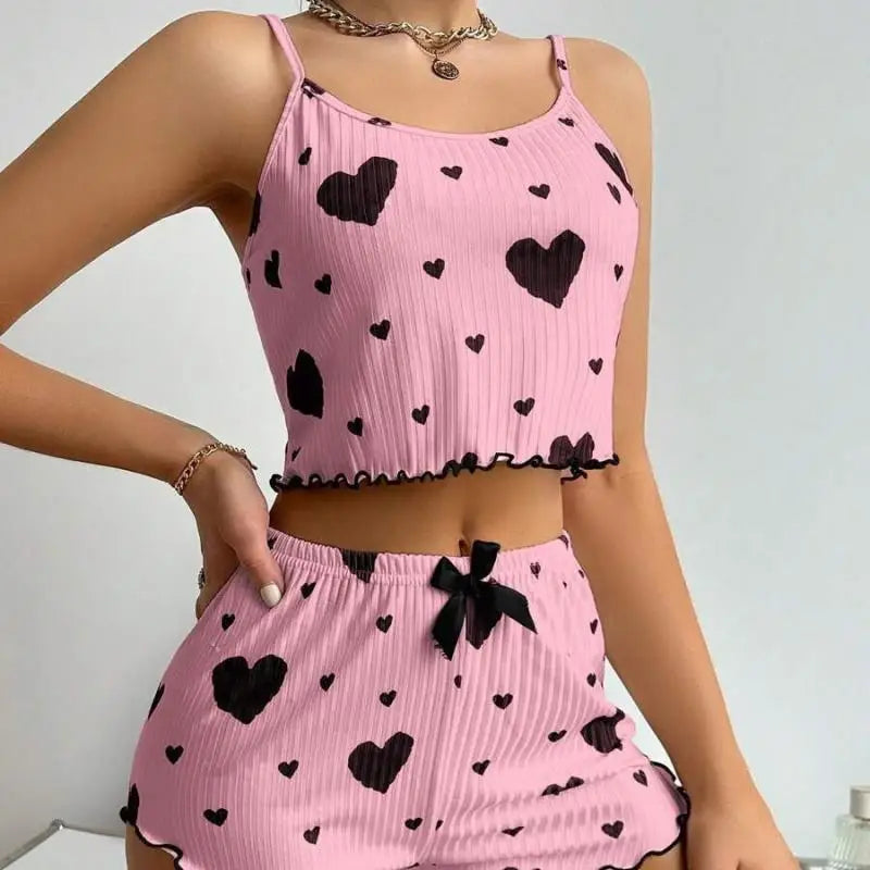 Women's Summer Pajama Set 2PC - Cute Heart Print Sleeveless Tank Top & Bow Shorts Lightweight Polyester Sleepwear Loungewear