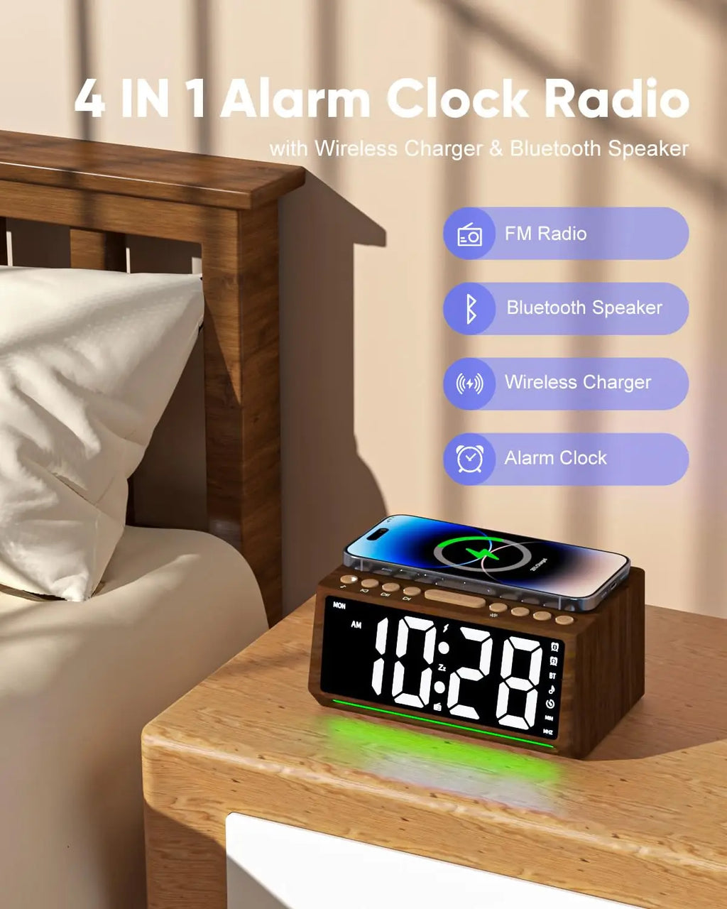 Retro Wooden Digital Alarm Clock Large Display with FM Radio, Bluetooth Speaker, Wireless Charger Station for cell phone