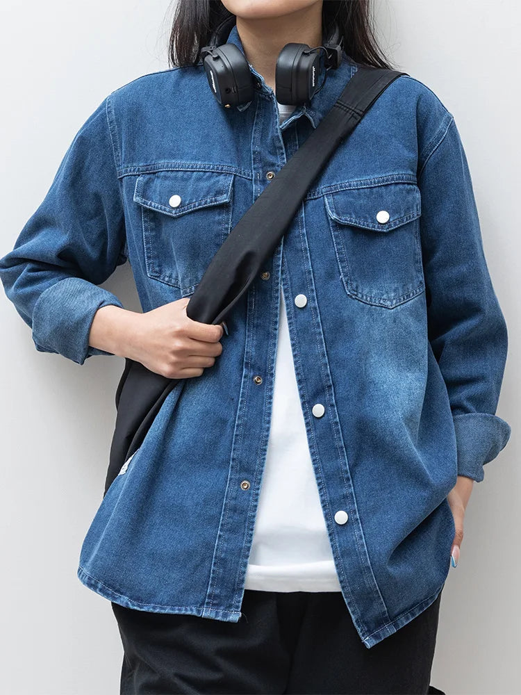 Men's Denim Shirts with Two Chest Pockets Metal Button Long Sleeve Jeans Shirts Loose Fit 2025 Autumn New Daily Leisure
