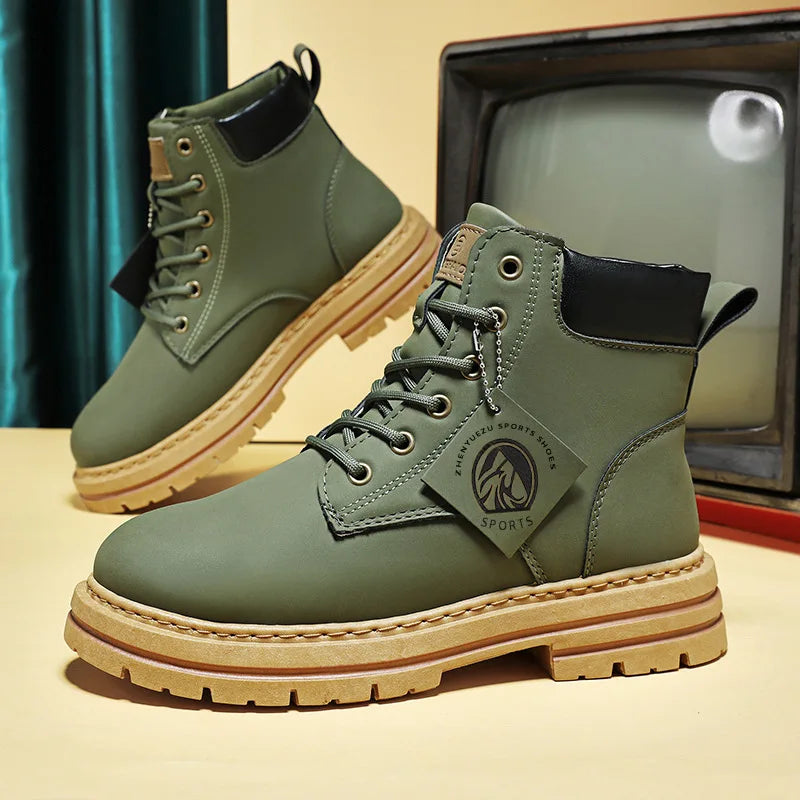 High Top Boots Men's Leather Shoes Fashion Motorcycle Ankle Boots for Men Winter Boots Man Shoes Lace-Up Botas Men Flat Sneakers