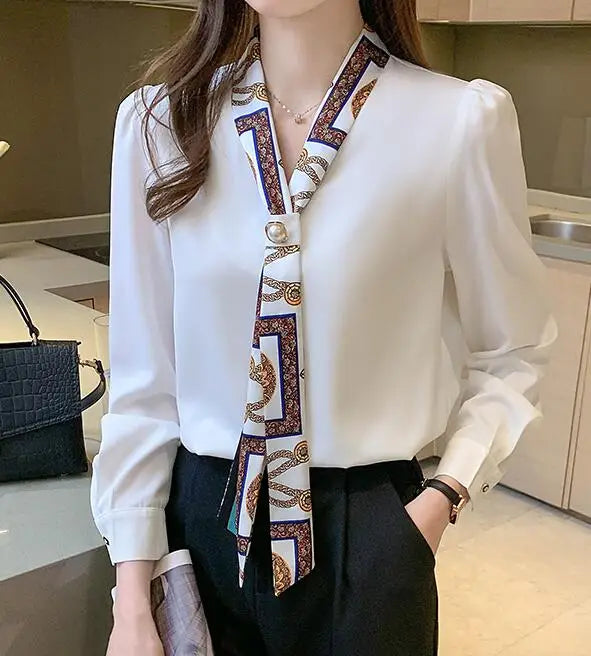 H Han Queen Spring Chiffon Simple Office Lady Blouse Female Shirt Bow Tops Long Sleeve Casual Korean OL Loose Blouses Women