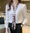 H Han Queen Spring Chiffon Simple Office Lady Blouse Female Shirt Bow Tops Long Sleeve Casual Korean OL Loose Blouses Women