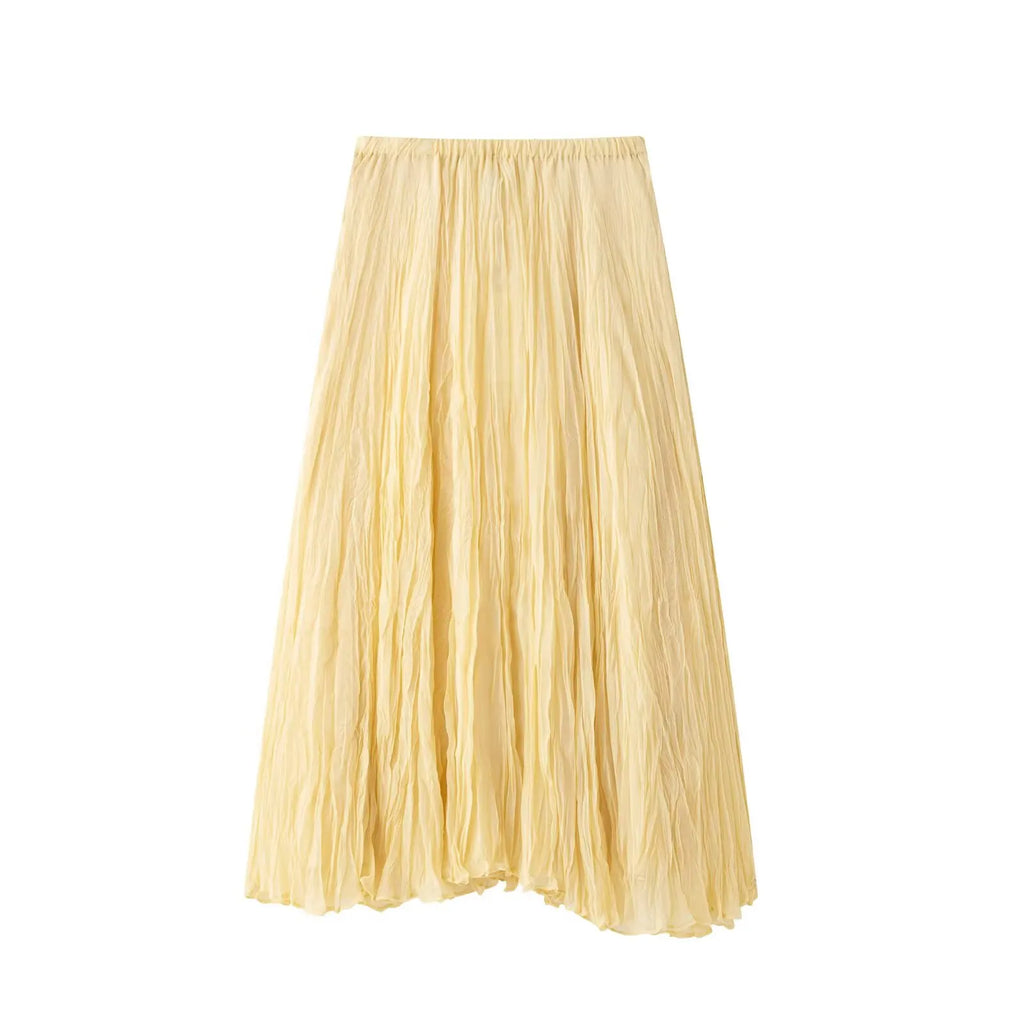 HH 2025 Women Summer New Solid A-Line Midi Skirt Female Casual Pleated Button Crease Effect Trendy Elastic Waist Skirts