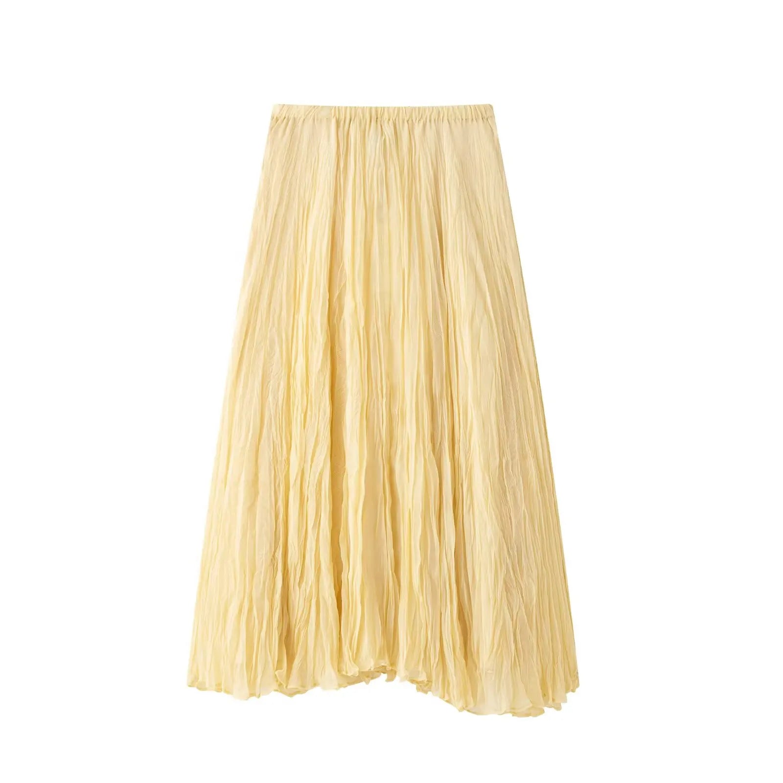 HH 2025 Women Summer New Solid A-Line Midi Skirt Female Casual Pleated Button Crease Effect Trendy Elastic Waist Skirts