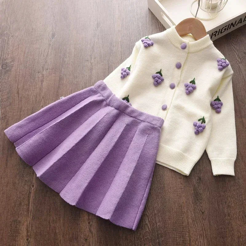 Kids Clothes Girls Winter Children's Clothing Cartoon Grape Strawberry Decoration Sweater Cardigan+solid Color Pleated Skirt Set