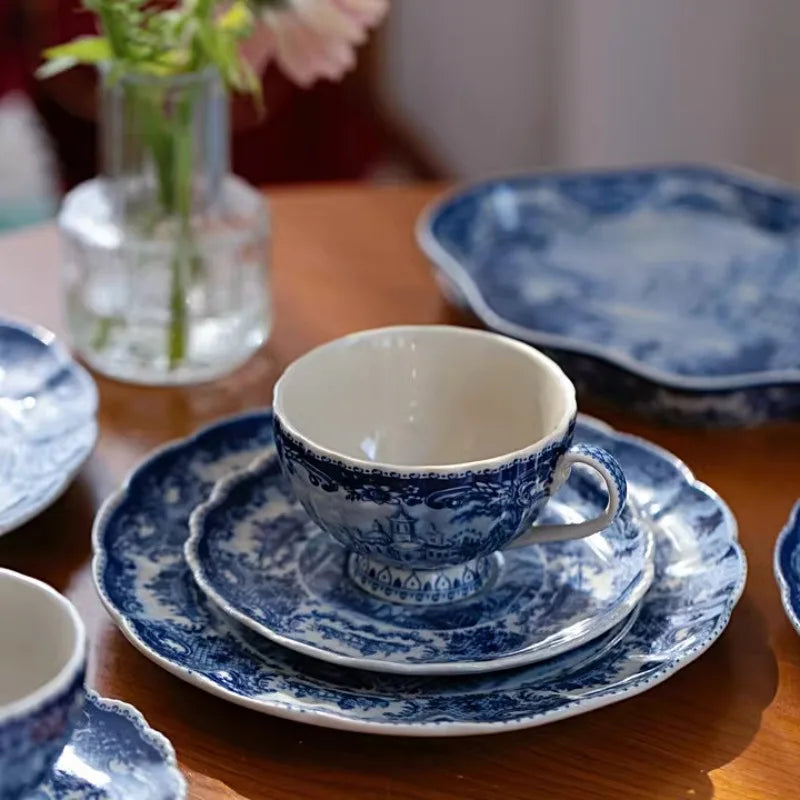 Blue and White Antique Blue Castle Coffee Cup Plate Dessert Plate Tableware Dining Table Decoration Tray Home Ceramic Plate