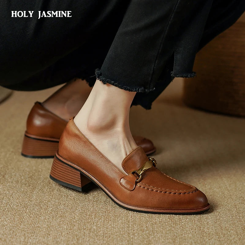 Basic Women Pumps Spring Summer High Heel Round Toe Buckle Genuine Leather Office Lady Working Loafers Shoes Woman 2025 New