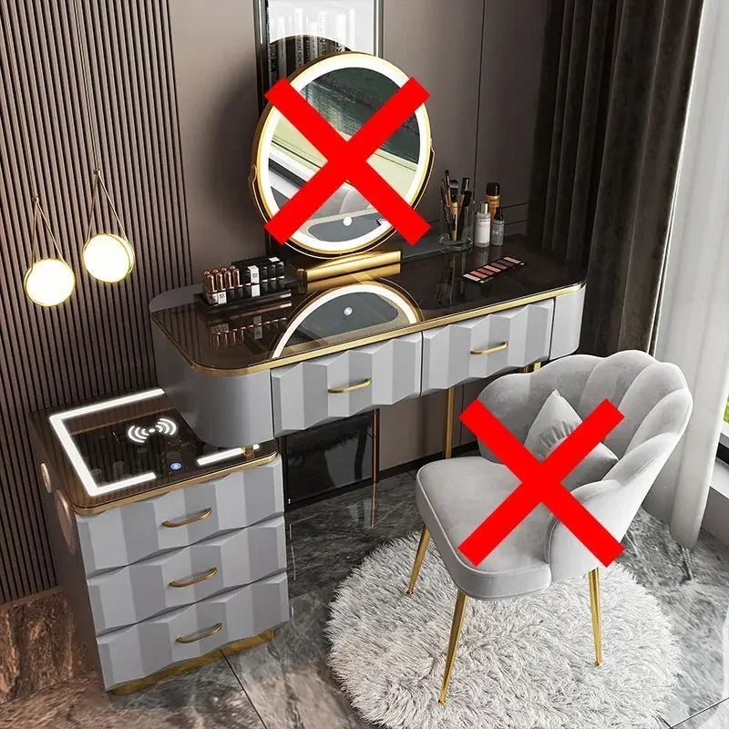 Makeup Vanity Desk with Wireless Charging Station and Bluetooth Speaker, Dressing Table with Tempered Glass Desktop,Vanity Set