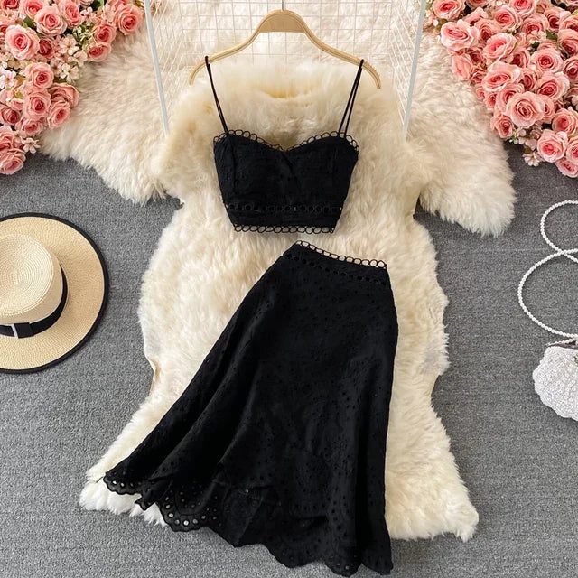 Summer Elegant Casual Fashion Skirts Suit Women Hallow Out Sleeveless Tanks Tops A-Line Two Pieces Set Female Outfits
