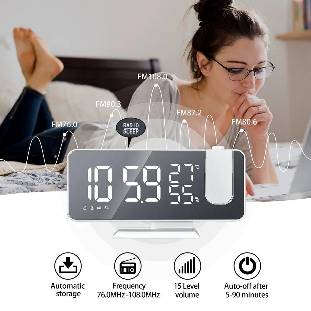 LED Digital Mirror Projection Alarm Clock Home FM Radio Thermometer Hygrometer USB Wake Up Watch 180° Projector Time Snooze Gift