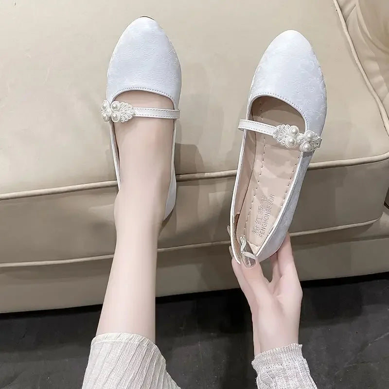 Shoes for Women White One-line Buckle Low Heel Elegant Woman Flats Mary Jane Cheap Clearance Lastest Price Casual On Offer Y2k