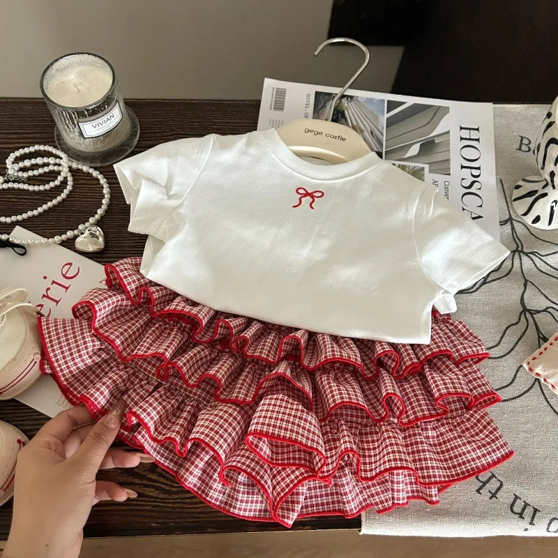 Korean children's clothing 2025 new summer girls' bow white T-shirt children's checkered cake skirt pants two-piece set