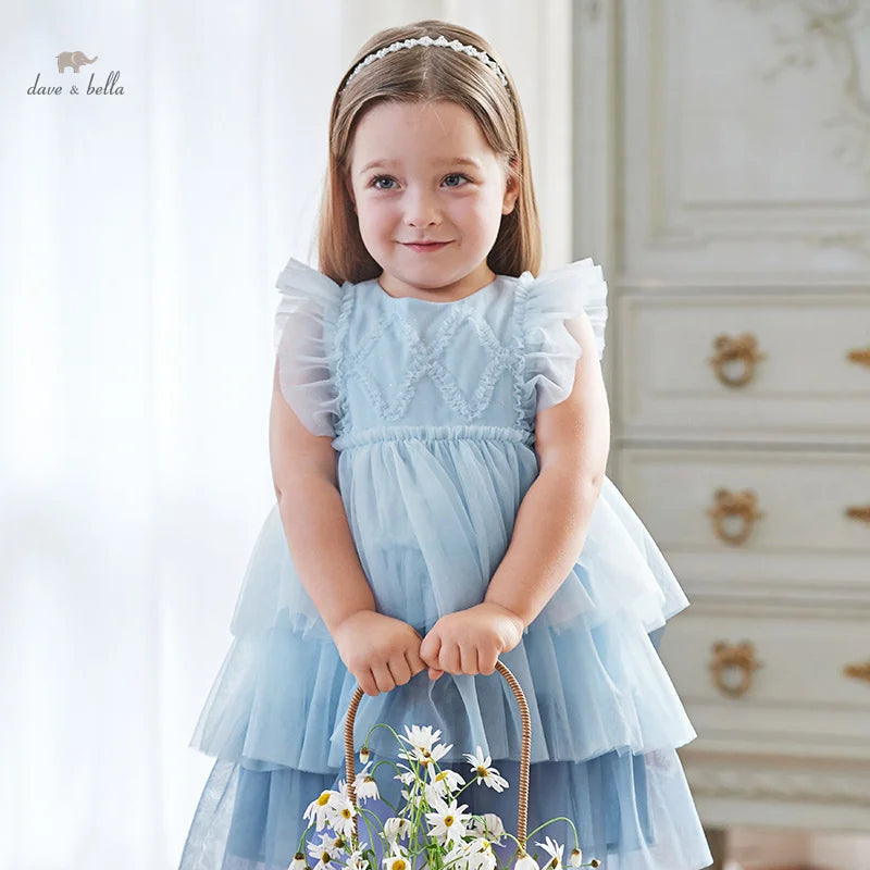 Dave Bella Girl's Princess Dress 2025 New Summer Children's Baby Sleeveless Blue Mesh Layered Dress Cute Sweet Party DB2240502