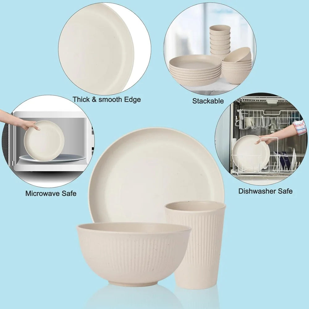 18pc Reusable Tableware Set Bowls Plates Cups Set Drop Resistant Cups Plates and Bowls for Home Outdoor Camping Kitchen Supplies