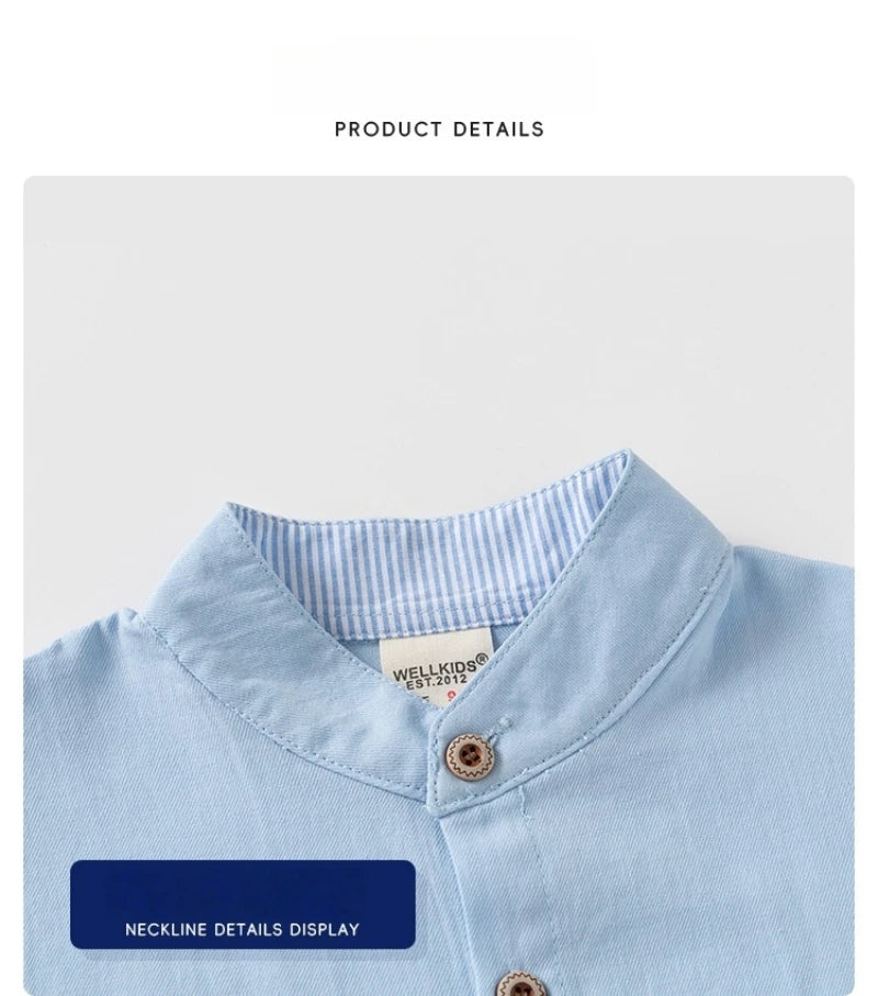 2026 Summer 2T-6T Korean Childrens Clothing Blue and White Striped Pattern Shirt for Boys kids Stand Collar Shirt