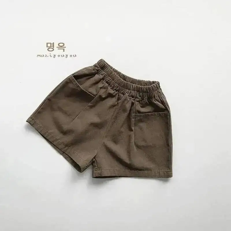 Spring Summer Children Shorts 1-8Y Boys Girls Cotton Pockets Solid Short Pants Trousers Korean Toddler Wear Bottoms Kids Clothes