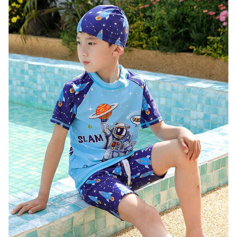 Kids Swimsuit Boys Two Pieces Shark Swimsuit Toddler Rash Guard and Trunk Set with Hat