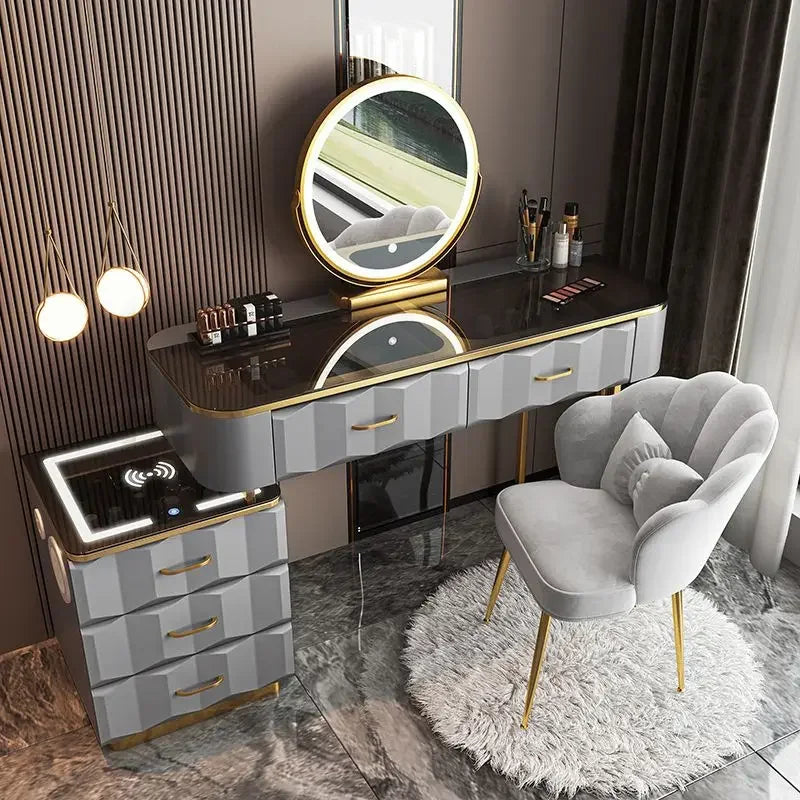 Makeup Vanity Desk with Wireless Charging Station and Bluetooth Speaker, Dressing Table with Tempered Glass Desktop,Vanity Set