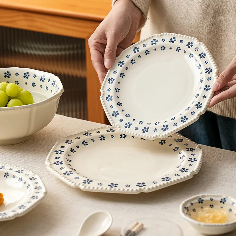 1PC Ceramic Tableware Retro Blue Cherry Blossom Household Rice Bowl Vegetable Plate Niche Bowl Set  Cute Bowl