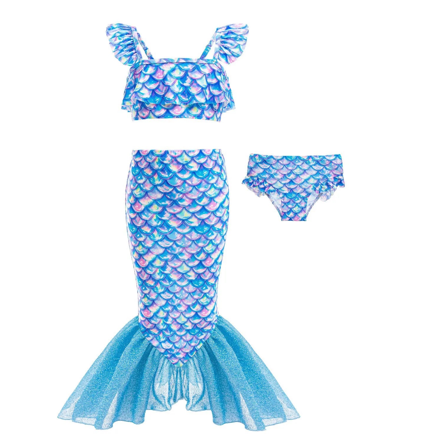 Girls Mermaid Swimsuits Summer Holiday Beach Wear Children 3 Pcs Fishtail Print Swimwear Kids Princess Quick Drying Sets 2-8 Yrs